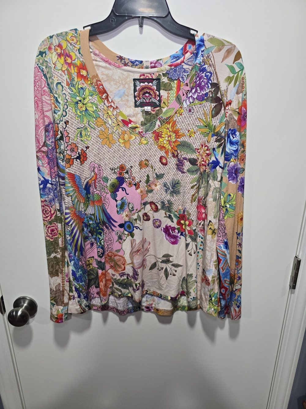 Johnny Was Multicolor Floral & Bird V-Neck Long Sleeve Top